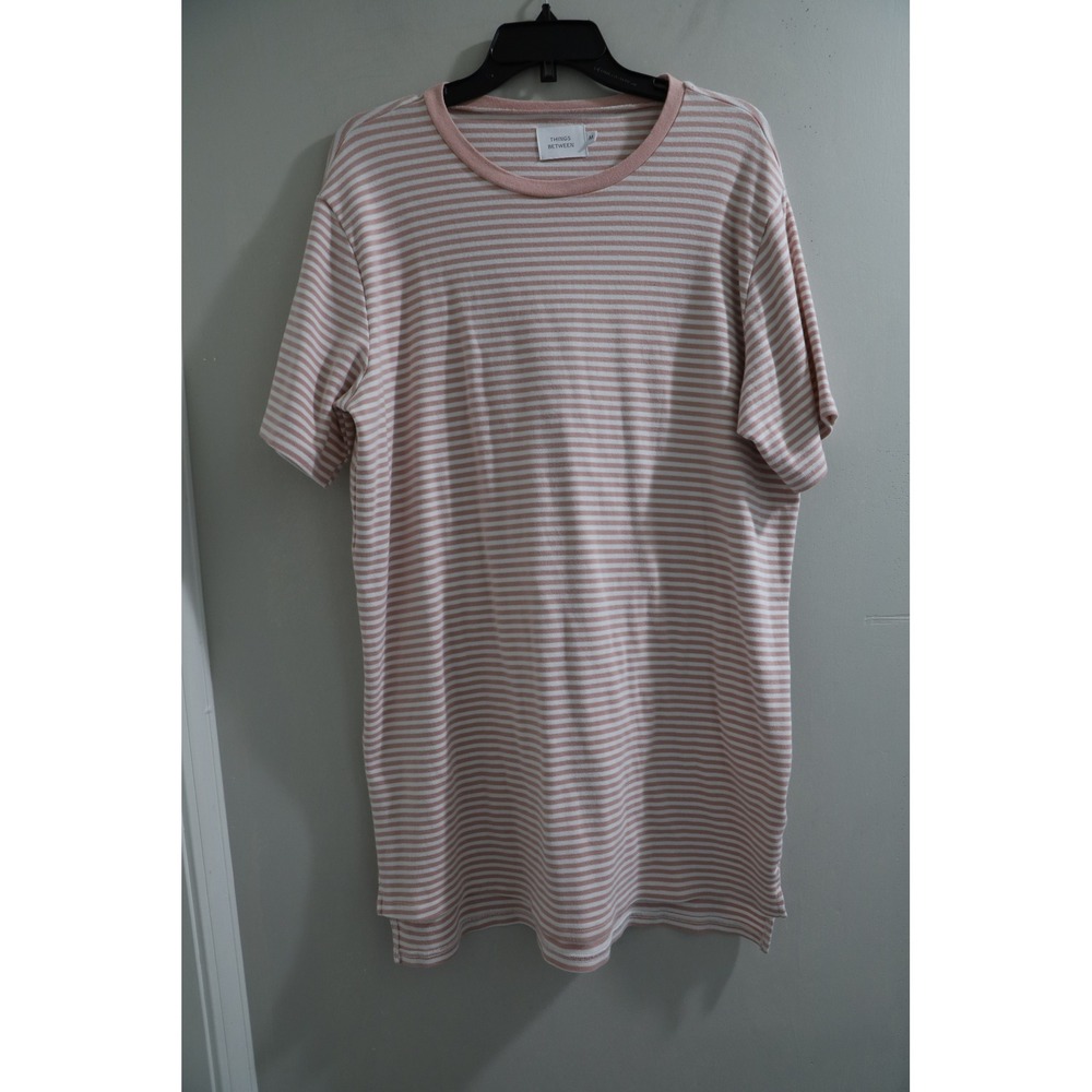 THINGS BETWEEN Striped Pink Beige Crew Neck‎ T Shirt Dress Size M
